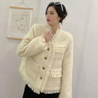 Tasseled Trim Button-up Jacket White - M