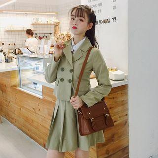 Set: Double-breasted Blazer + Mini A-line Pleated Skirt Light Green - One Size
