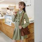 Set: Double-breasted Blazer + Mini A-line Pleated Skirt Light Green - One Size