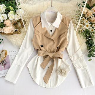 Set: Long-sleeve Shirt + Double Breasted Cropped Vest