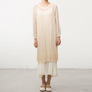 Set: Pointelle Knit Long Sweater + Strappy Dress