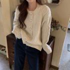 Long-sleeve Plain Cable Knit Cardigan Off-white - One Size