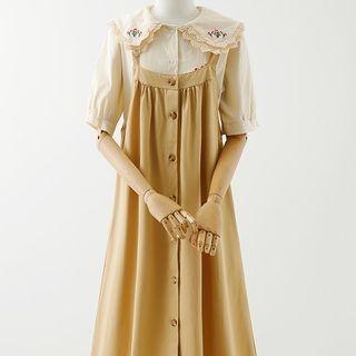 Puff-sleeve Floral Embroidered Blouse / Overall Dress