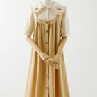 Puff-sleeve Floral Embroidered Blouse / Overall Dress