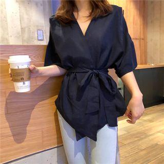 Elbow-sleeve Wrap Top