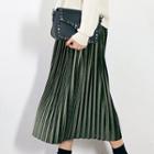 Band-waist Accordion-pleat Long Velvet Skirt