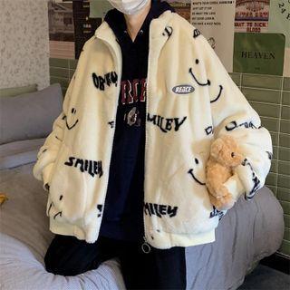 Smiley Face Print Zip-up Fleece Jacket