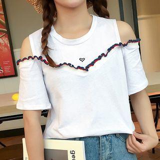 Embroidered Open Shoulder Short-sleeve T-shirt