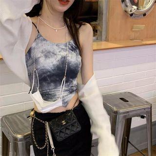 Tie-dyed Camisole Top / Cropped Cardigan Camisole - Gray & White - One Size