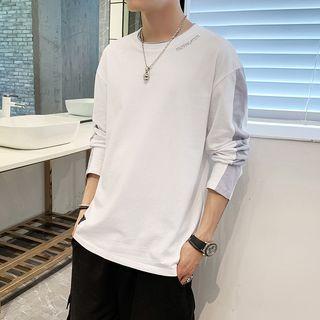 Long-sleeve Embroidered Letter Color Block T-shirt