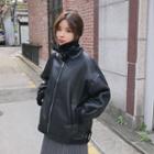 Buckled-neck Faux-shearling Pleather Jacket Black - One Size