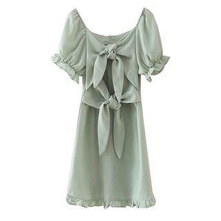 Short-sleeve Bow Accent Mini Smock Dress