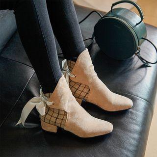 Faux Suede Plaid-panel Block-heel Ankle Boots