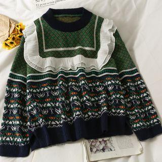 Lace-trim Printed Loose Sweater Dark Blue - One Size