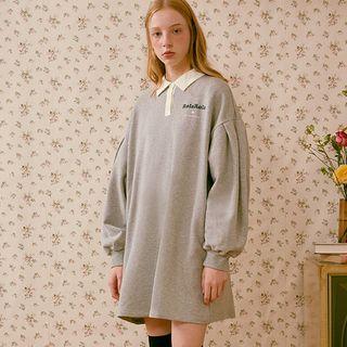 Puff-sleeve Letter-printed Polo Dress Gray - One Size