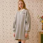 Puff-sleeve Letter-printed Polo Dress Gray - One Size