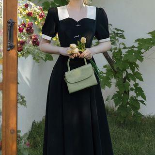 Puff-sleeve Collared Bow-back Midi A-line Dress