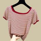 Short-sleeve Striped Square Neck Knit Top