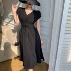 Cap Sleeve V-neck Plain Tie-waist A-line Dress