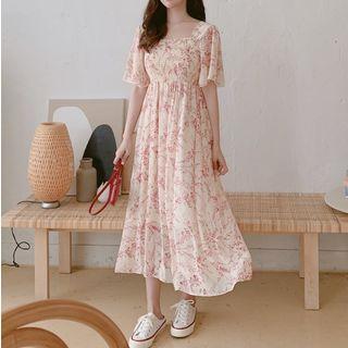 Floral Print Short-sleeve Midi A-line Chiffon Dress