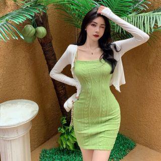 Plain Cardigan / Spaghetti Strap Cable-knit Mini Sheath Dress