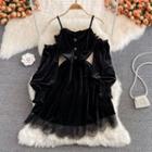 Cold Shoulder Lace Hem Velvet Dress