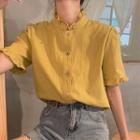 Buttoned Ruffled Short-sleeve Blouse Yellow - One Size