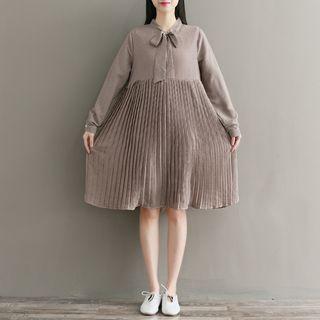 Bow Accent Pleated Long Sleeve Dress