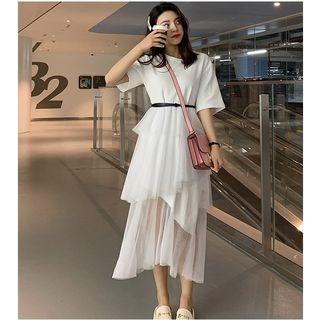 Short-sleeve Midi Mesh Layered Dress