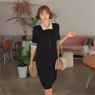 Contrast-collar Knit Shirtdress