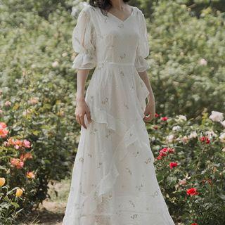 Elbow-sleeve Floral Embroidered Ruffled Midi A-line Dress
