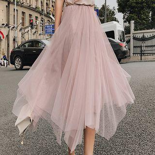 Set: Lettering Embroidered Short-sleeve T-shirt + Mesh Asymmetric Midi Skirt