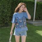 Mock Two Piece Sequined Panel Short Sleeve T-shirt