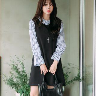 Mock Two Piece Striped Panel Long Sleeve Mini Dress