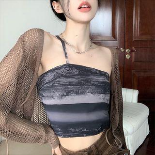 Perforated Cardigan / Print Slim-fit Camisole Top