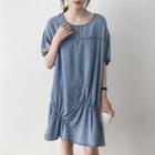 Denim Short-sleeve Dress Blue - One Size