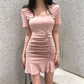 Ruched Short-sleeve Ruffle Hem Mini Sheath Dress