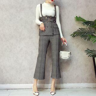Set: Mock-neck Knit Top + Double-breasted Top + Boot-cut Pants