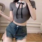 Short-sleeve Lace Trim Bow Crop Top White & Gray - One Size