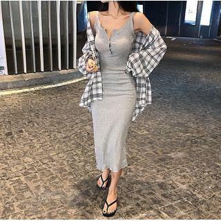 Plaid Shirt / Spaghetti Strap Midi Sheath Dress