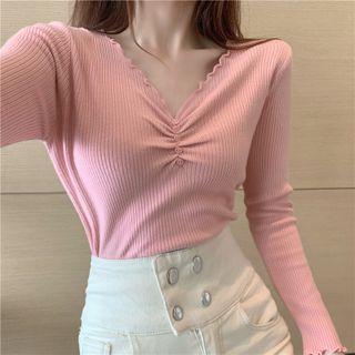 Long Sleeve V-neck Plain Ruched Knit Top