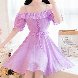 Short-sleeve Cold Shoulder Lace-up A-line Mini Dress
