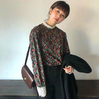Long-sleeve Lace Panel Floral Print Top As Shown In Figure - One Size