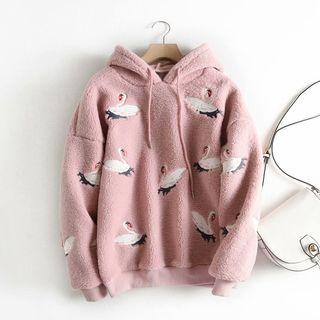 Swan Embroidered Fleece Hoodie