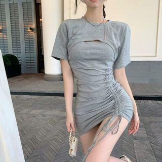 Set: Spaghetti Strap Drawstring Mini Bodycon Dress + Short-sleeve Crop Top