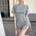 Set: Spaghetti Strap Drawstring Mini Bodycon Dress + Short-sleeve Crop Top