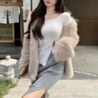 Faux-fur Jacket / Halter Neck Plain Split T-shirt / High Waist Ribbed Split Skirt