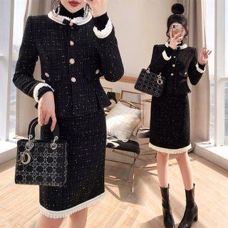 Set: Frill Trim Tweed Button-up Jacket + Pencil Skirt
