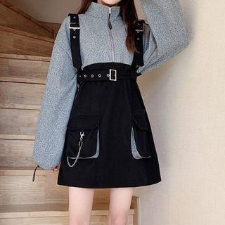 Set: Half-zip Two-tone Sweatshirt Dress + Harness Belt