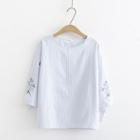 3/4-sleeve Floral Embroidery Pinstripe Top